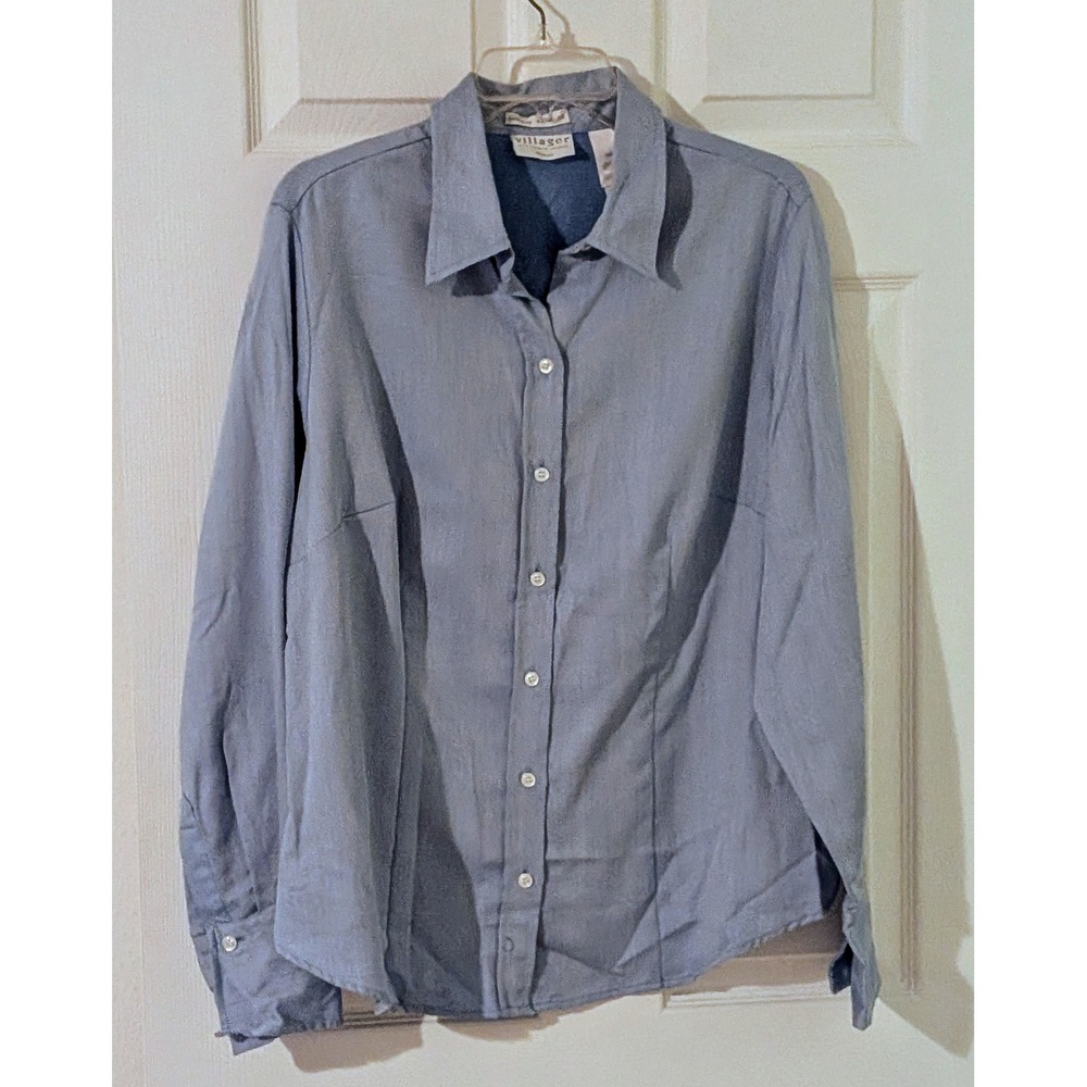 Villager Liz Claiborne Woman Button Up Shirt Blue 16W Long Sleeve NWOT‎